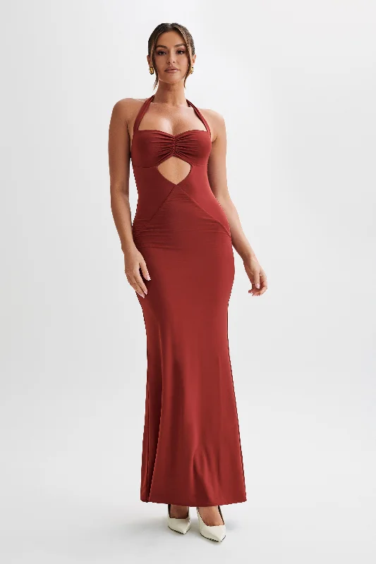 Classic women’s party dress with chiffon fabric -Ginevra Slinky Halter Maxi Dress - Cherry Red Classic women’s party dress with chiffon fabric -Ginevra Slinky Halter Maxi Dress - Cherry Red