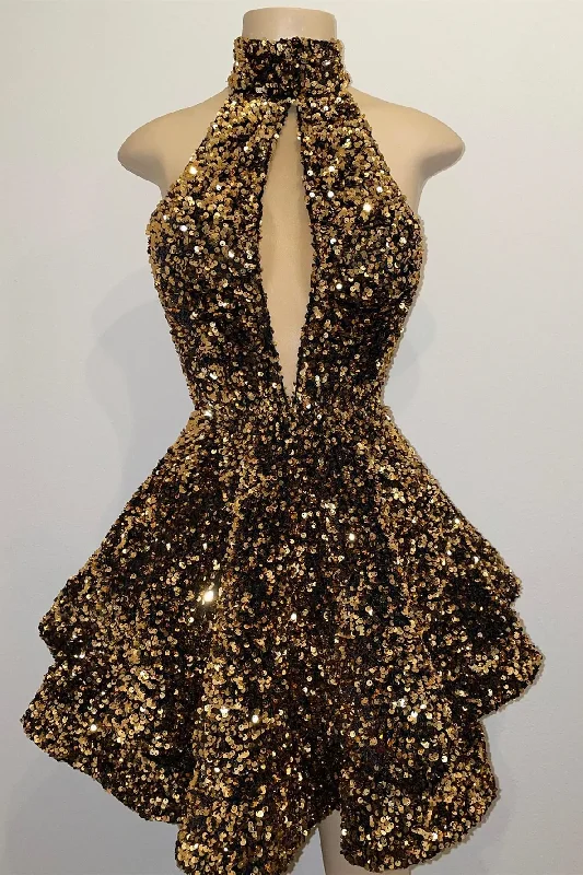 Women’s short party dress for summer nights -Gold Sequin Halter Keyhole A-Line Short Homecoming Dress gh1307 Women’s short party dress for summer nights -Gold Sequin Halter Keyhole A-Line Short Homecoming Dress gh1307