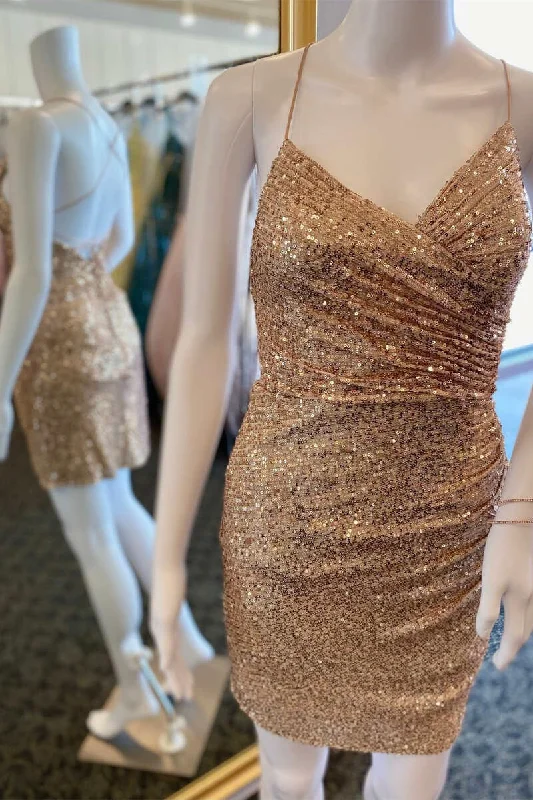 Women’s party dress with detailed embroidery -Gold Sequin Lace-Up Short Cocktail Gown  gh1228