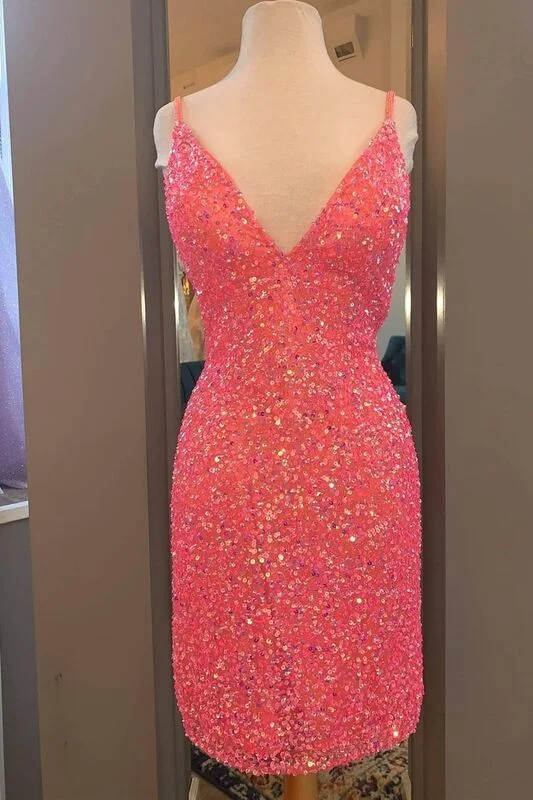 Women’s summer party dress for warm evenings -Tight Hot Pink Sequins Short Party Dress gh1217 Women’s summer party dress for warm evenings -Tight Hot Pink Sequins Short Party Dress gh1217
