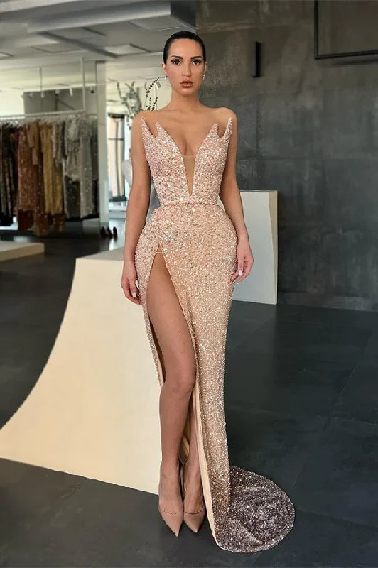 Women’s embroidered party dress with floral accents -Gorgeous V-neck Sleeveless Long Mermaid Prom Dress With Slit gh2387 Women’s embroidered party dress with floral accents -Gorgeous V-neck Sleeveless Long Mermaid Prom Dress With Slit gh2387