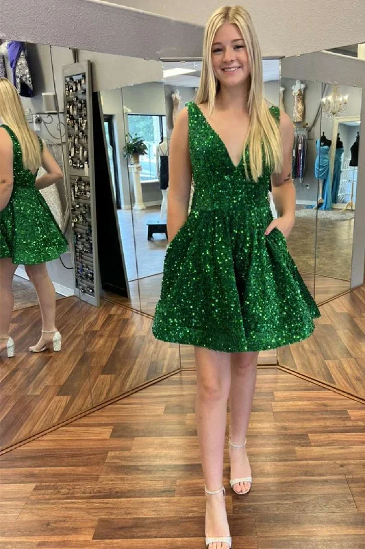Women’s elegant party dress for a formal gala -Green Sequin V-Neck A-Line Short Homecoming Dress gh1265 Women’s elegant party dress for a formal gala -Green Sequin V-Neck A-Line Short Homecoming Dress gh1265