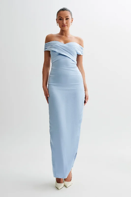 Women’s party dress with pleated design for a chic look -Harley Off Shoulder Satin Maxi Dress - Cornflower Blue Women’s party dress with pleated design for a chic look -Harley Off Shoulder Satin Maxi Dress - Cornflower Blue