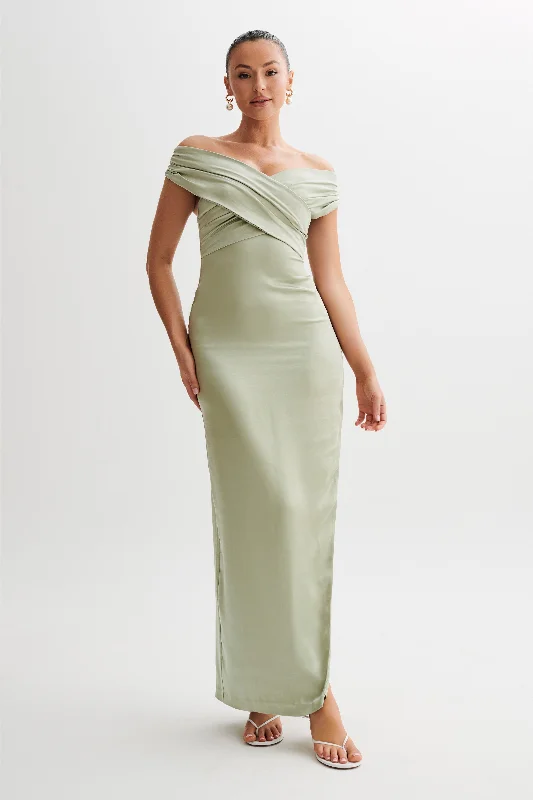 Women’s party dress for evening events -Harley Off Shoulder Satin Maxi Dress - Sage Women’s party dress for evening events -Harley Off Shoulder Satin Maxi Dress - Sage