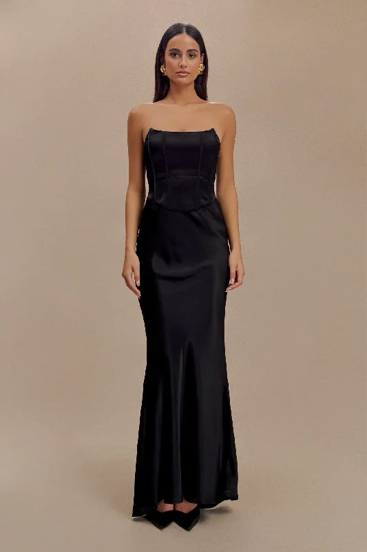 Women’s party dress with lace-up back -Harlow Satin Strapless Maxi Dress - Black
