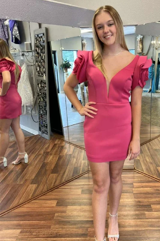 Classic women’s party dress with pleated skirt -Hot Pink Plunge V Ruffled Sleeve Backless Cocktail Gown gh1268
