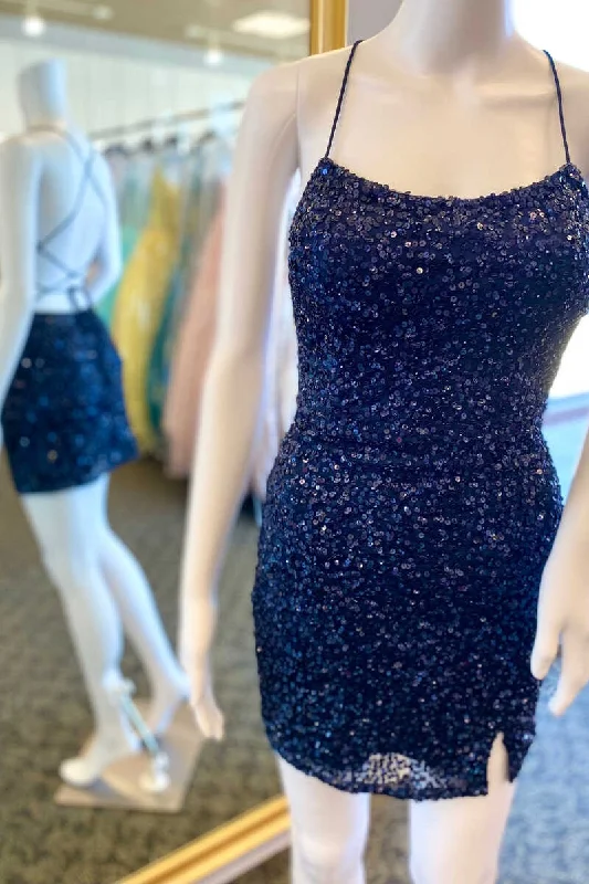 Women’s casual party dress for relaxed parties -Indigo Sequin Scoop Neck Lace-Up Short Dress gh1292 Women’s casual party dress for relaxed parties -Indigo Sequin Scoop Neck Lace-Up Short Dress gh1292