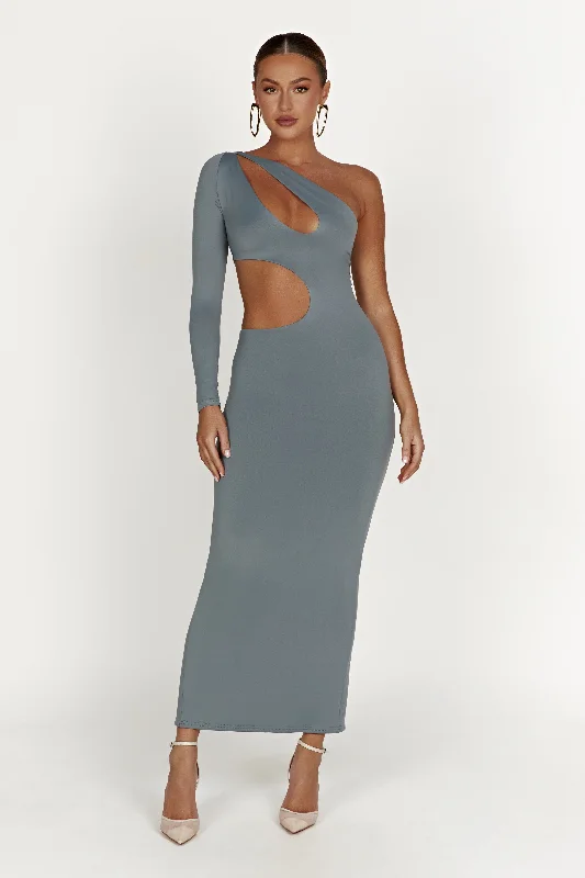 Women’s long party dress for formal events -Joyce Recycled Nylon Cut Out Maxi Dress - Light Charcoal Women’s long party dress for formal events -Joyce Recycled Nylon Cut Out Maxi Dress - Light Charcoal