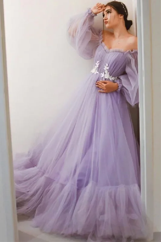 Women’s flirty party dress with tiered skirt -Lavender Off-the-Shoulder A-line Long Tulle Dress gh2289 Women’s flirty party dress with tiered skirt -Lavender Off-the-Shoulder A-line Long Tulle Dress gh2289