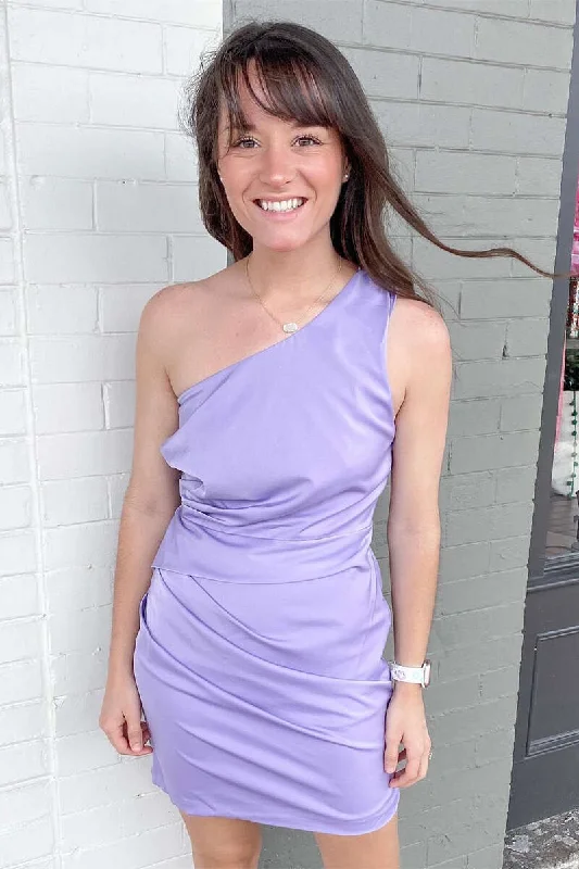 Women’s casual party dress for a laid-back event -Lavender One-Shoulder Ruched Short Homecoming Dress gh1251 Women’s casual party dress for a laid-back event -Lavender One-Shoulder Ruched Short Homecoming Dress gh1251