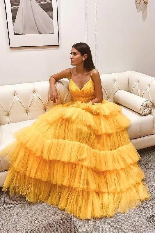 Women’s party dress with a flattering neckline -Layers Tulle Yellow Prom Dresses with Ruching Bodice gh2343 Women’s party dress with a flattering neckline -Layers Tulle Yellow Prom Dresses with Ruching Bodice gh2343