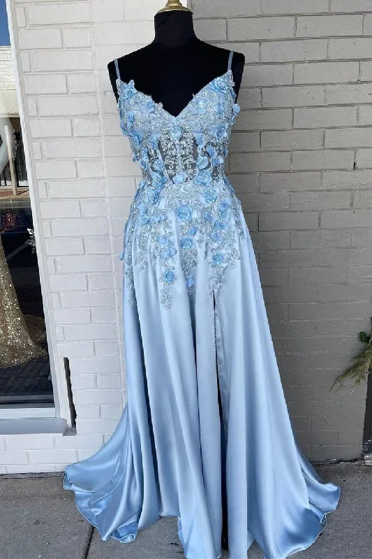 Women’s dress with sequins for sparkling effect -Light Blue A-line 3D Flowers Satin Long Prom Dress gh2304 Women’s dress with sequins for sparkling effect -Light Blue A-line 3D Flowers Satin Long Prom Dress gh2304