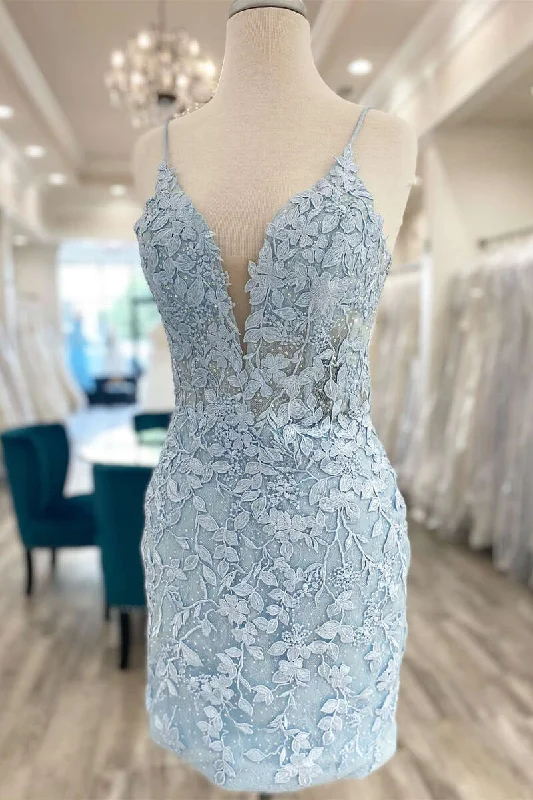 Women’s satin cocktail dress for classy events -Light Blue Appliques Plunge V Backless Short Homecoming Dress gh1244 Women’s satin cocktail dress for classy events -Light Blue Appliques Plunge V Backless Short Homecoming Dress gh1244