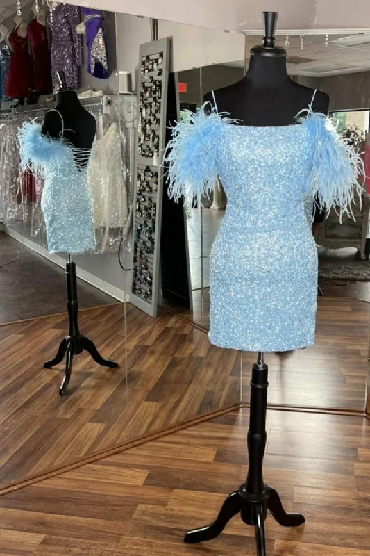 Sexy women’s dress for glamorous parties -Light Blue Sequin Cold-Shoulder Feathers Short Party Dress gh1232 Sexy women’s dress for glamorous parties -Light Blue Sequin Cold-Shoulder Feathers Short Party Dress gh1232