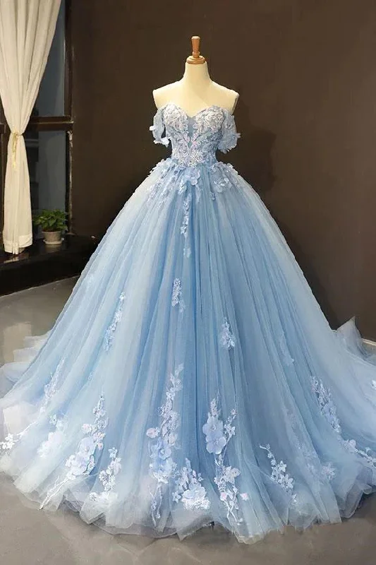 Elegant women’s party dress with sequins -Light Sky Blue Off The Shoulder Ball Gown Tulle Prom Dress With Applique gh2282 Elegant women’s party dress with sequins -Light Sky Blue Off The Shoulder Ball Gown Tulle Prom Dress With Applique gh2282