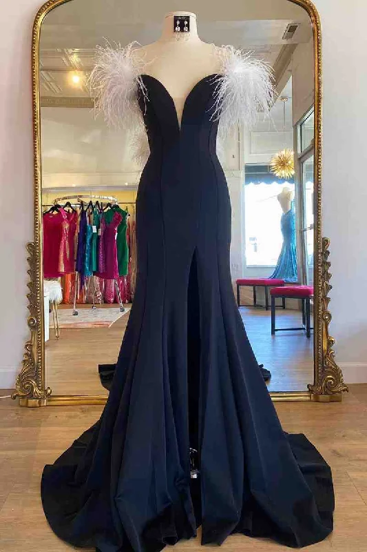 Chic women’s party dress for a sophisticated look -Long Black High Slit Prom Dress with White Feather gh2409