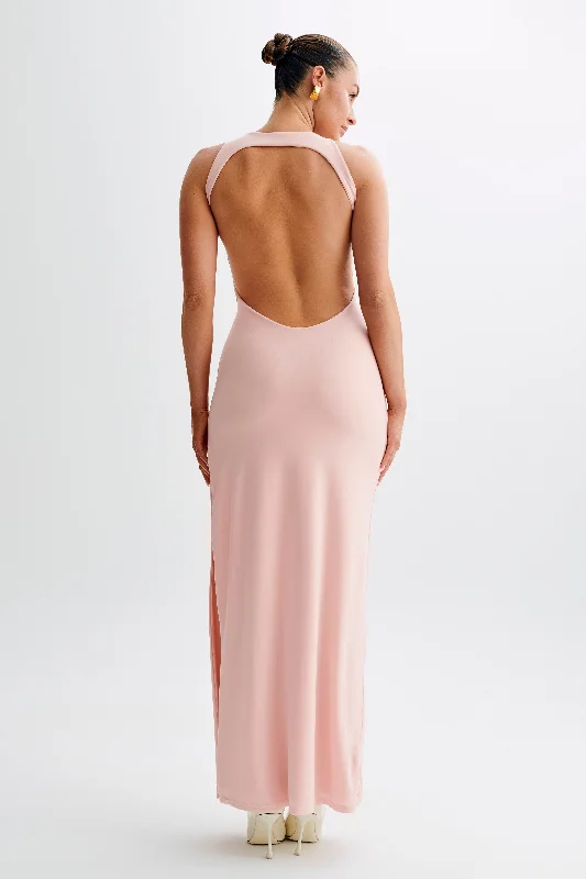 Women’s trendy party dress with front slit -Louise Slinky Backless Maxi Dress - Pale Pink Women’s trendy party dress with front slit -Louise Slinky Backless Maxi Dress - Pale Pink