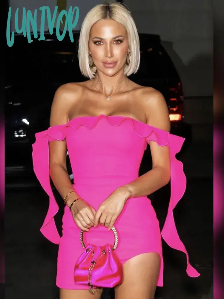 Women’s satin cocktail dress for classy events -Lunivop New Summer Fashion Women Sexy Off Shoulder Ruffles Hot Pink Mini Bandage Dress Elegant Evening Club Party Dress Women’s satin cocktail dress for classy events -Lunivop New Summer Fashion Women Sexy Off Shoulder Ruffles Hot Pink Mini Bandage Dress Elegant Evening Club Party Dress