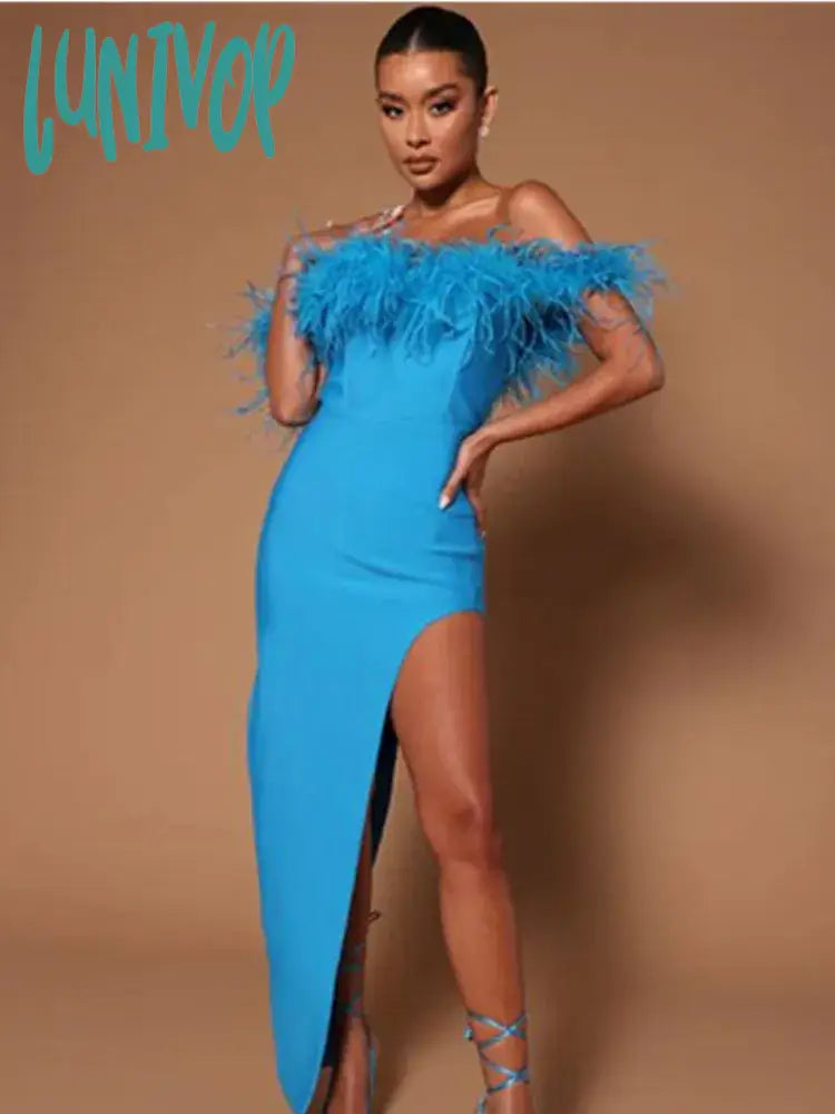 Women’s silk dress for a luxurious party look -Lunivop Women Summer Bandage Dress Luxury Sexy Off Shoulder Split Feather Midi Gowns Celebrity Elegant Evening Party Club Dress Women’s silk dress for a luxurious party look -Lunivop Women Summer Bandage Dress Luxury Sexy Off Shoulder Split Feather Midi Gowns Celebrity Elegant Evening Party Club Dress