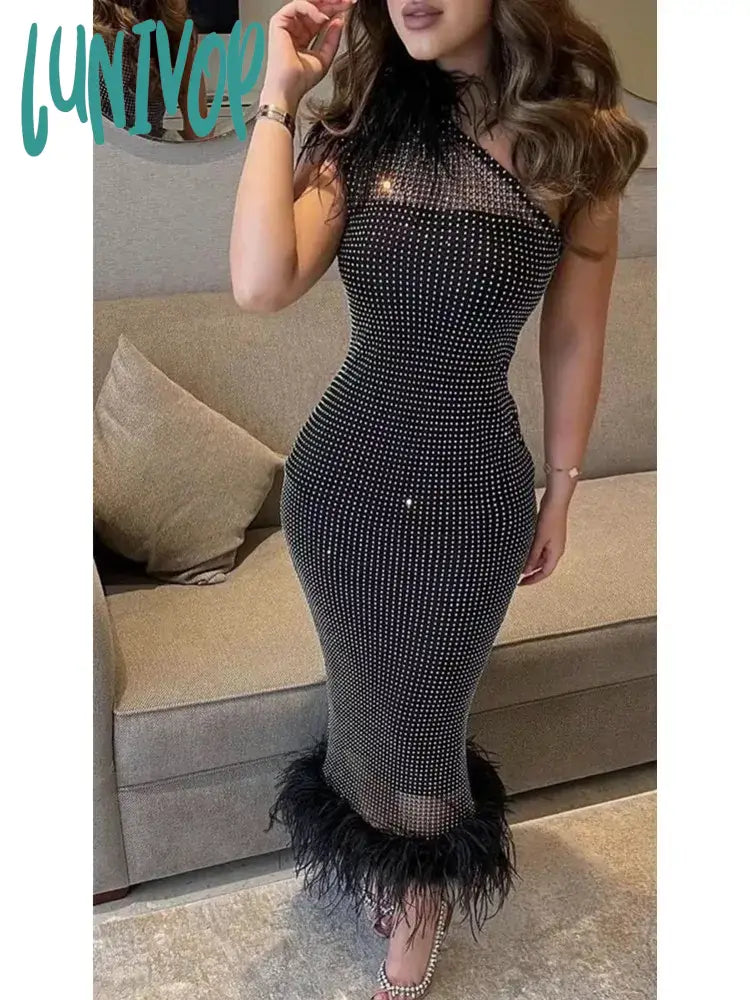 Women’s dress for a birthday party celebration -Lunivop Women Summer Fashion Sexy One Shoulder Feather Cystal Diamonds Black Midi Bandage Dress Elegant Evening Club Party Dress Women’s dress for a birthday party celebration -Lunivop Women Summer Fashion Sexy One Shoulder Feather Cystal Diamonds Black Midi Bandage Dress Elegant Evening Club Party Dress