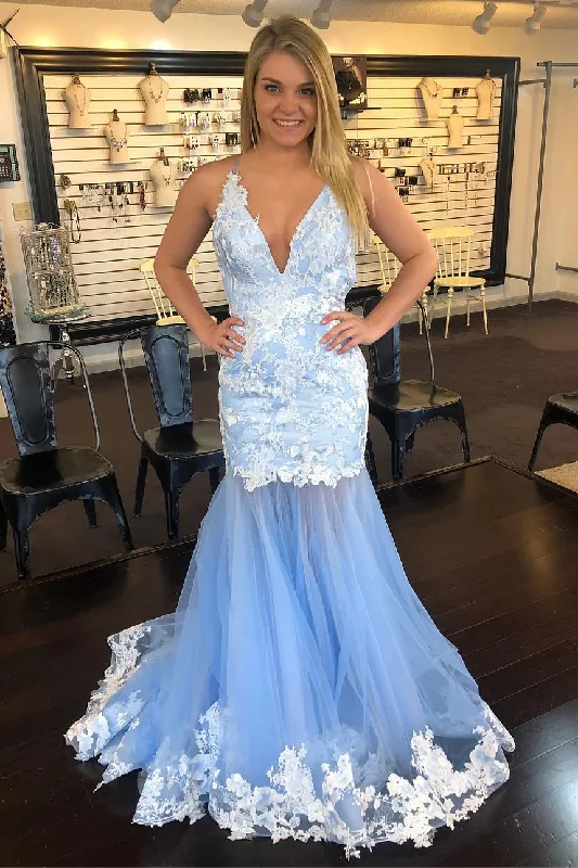 Women’s elegant evening dress for upscale parties -Mermaid V-Neck Lace Appliques Sky Blue Prom Dress gh2312 Women’s elegant evening dress for upscale parties -Mermaid V-Neck Lace Appliques Sky Blue Prom Dress gh2312