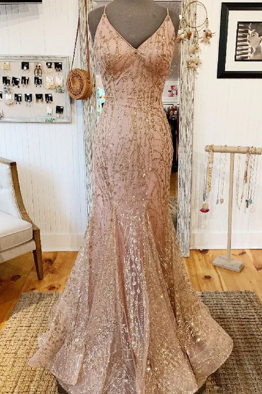 Women’s off-shoulder cocktail party dress -Mermaid V-Neck Rose Gold Long Prom Dress with Criss Cross Back gh2408 Women’s off-shoulder cocktail party dress -Mermaid V-Neck Rose Gold Long Prom Dress with Criss Cross Back gh2408
