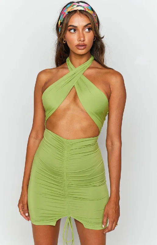 Women’s glamorous party dress with sequins all over -Mia Cross Neck Dress Green