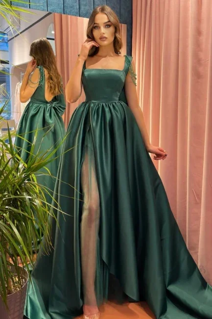 Women’s elegant evening dress with lace overlay -Modest Green A-Line Square Neckline Straps Prom Dresses with Slit gh2374 Women’s elegant evening dress with lace overlay -Modest Green A-Line Square Neckline Straps Prom Dresses with Slit gh2374