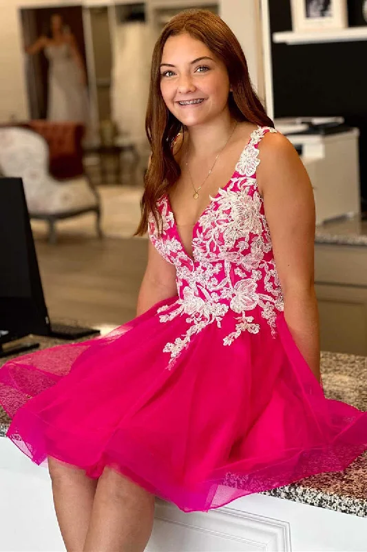 Women’s party dress for outdoor celebrations -Neon Pink Appliques Backless A-Line Short Homecoming Dress gh1311 Women’s party dress for outdoor celebrations -Neon Pink Appliques Backless A-Line Short Homecoming Dress gh1311