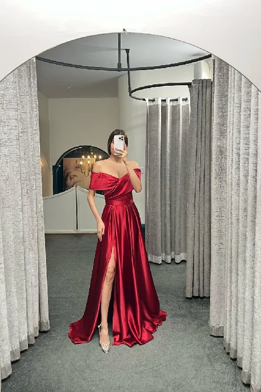 Women’s chic party dress with modern silhouette -Off The Shoulder Ruby Split Ruffles A-Line Prom Dresses gh2373 Women’s chic party dress with modern silhouette -Off The Shoulder Ruby Split Ruffles A-Line Prom Dresses gh2373