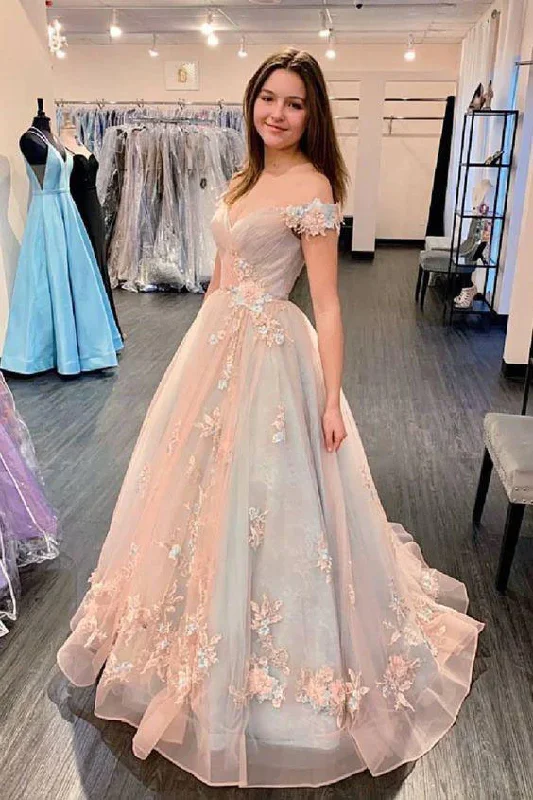 Women’s short party dress with flare skirt -Princess Off The Shoulder Pink Long Floral Appliques Prom Dress Quincerean Dress gh2278 Women’s short party dress with flare skirt -Princess Off The Shoulder Pink Long Floral Appliques Prom Dress Quincerean Dress gh2278