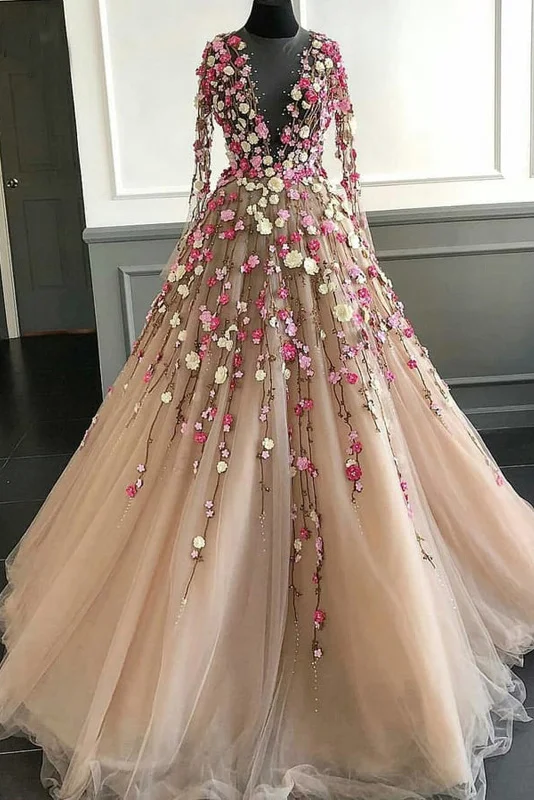 Women’s long party dress for formal events -Puffy Long Sleeves Tulle Prom Dress with Lace Flowers, Long Party Dress with Beautiful Flowers gh2280 Women’s long party dress for formal events -Puffy Long Sleeves Tulle Prom Dress with Lace Flowers, Long Party Dress with Beautiful Flowers gh2280