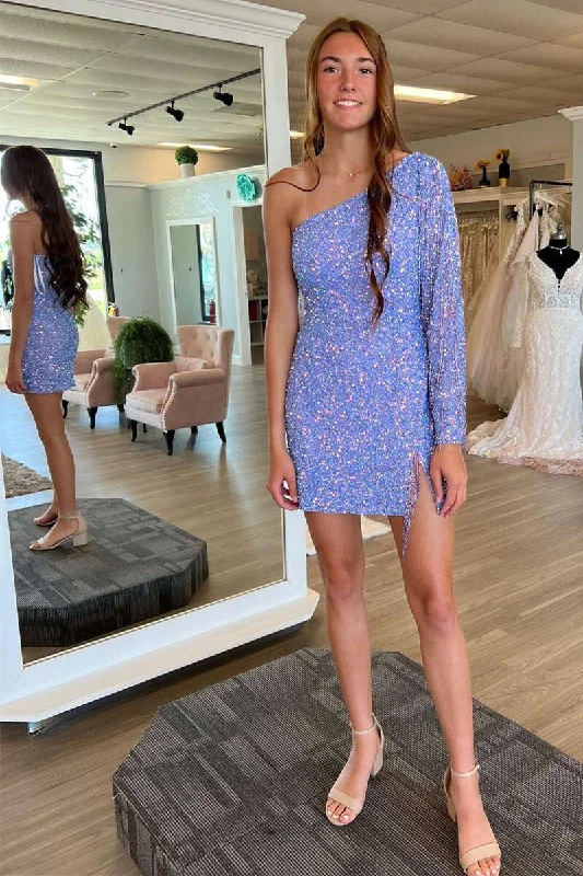 Women’s formal party dress for gala events -Periwinkle Sequin One Sleeve Fringe Short Homecoming Dress gh1230 Women’s formal party dress for gala events -Periwinkle Sequin One Sleeve Fringe Short Homecoming Dress gh1230