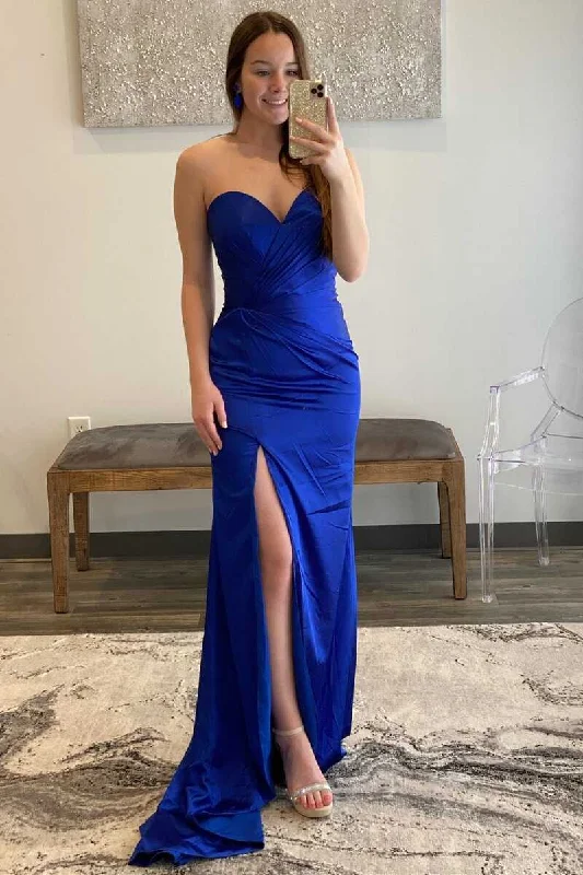 Women’s silk dress for a luxurious party look -Royal Blue Sweetheart Satin Long Formal Dress with Slit gh2376 Women’s silk dress for a luxurious party look -Royal Blue Sweetheart Satin Long Formal Dress with Slit gh2376