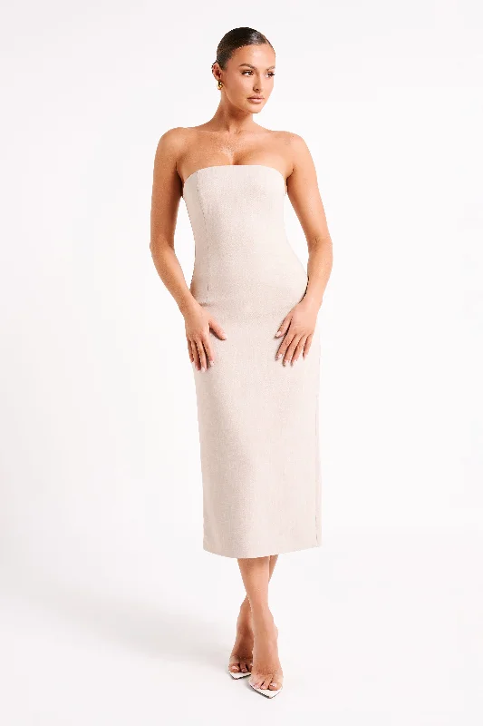Affordable women’s party dress for holiday parties -Sable Textured Midi Dress - Natural Affordable women’s party dress for holiday parties -Sable Textured Midi Dress - Natural