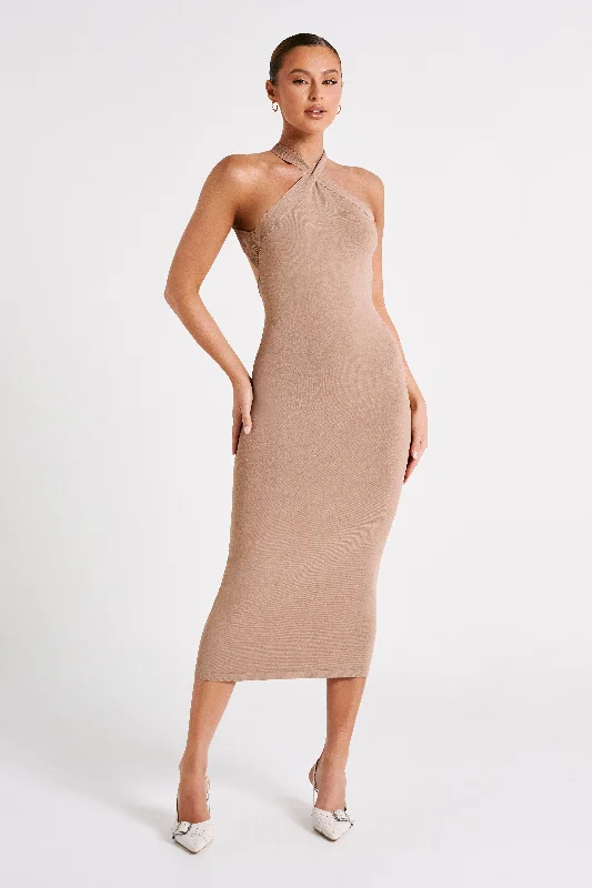 Elegant women’s party dress for formal dinners -Sarai Halter Neck Knit Midi Dress - Wheat Elegant women’s party dress for formal dinners -Sarai Halter Neck Knit Midi Dress - Wheat