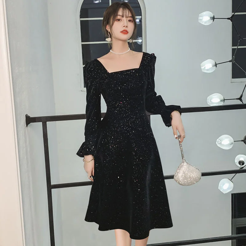 Women’s cocktail party dress with sheer sleeves -Sequins Elegant Velvet Dress