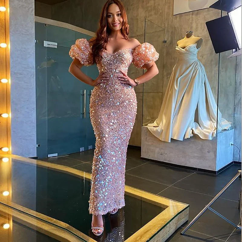 Women’s party dress with tiered skirt -Sequins Short Puff Sleeve Dress