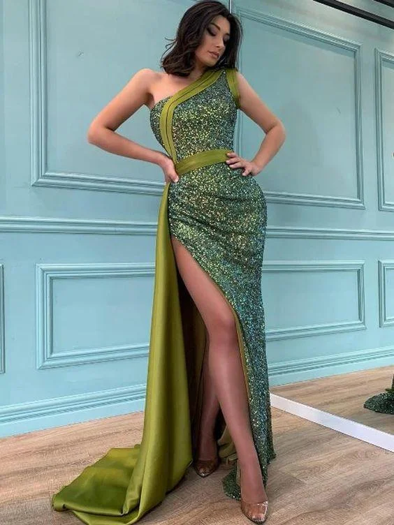 Women’s party dress with flared hemline -Simple One-shoulder Side Slit Mermaid Sequin Prom Dresses gh2391 Women’s party dress with flared hemline -Simple One-shoulder Side Slit Mermaid Sequin Prom Dresses gh2391