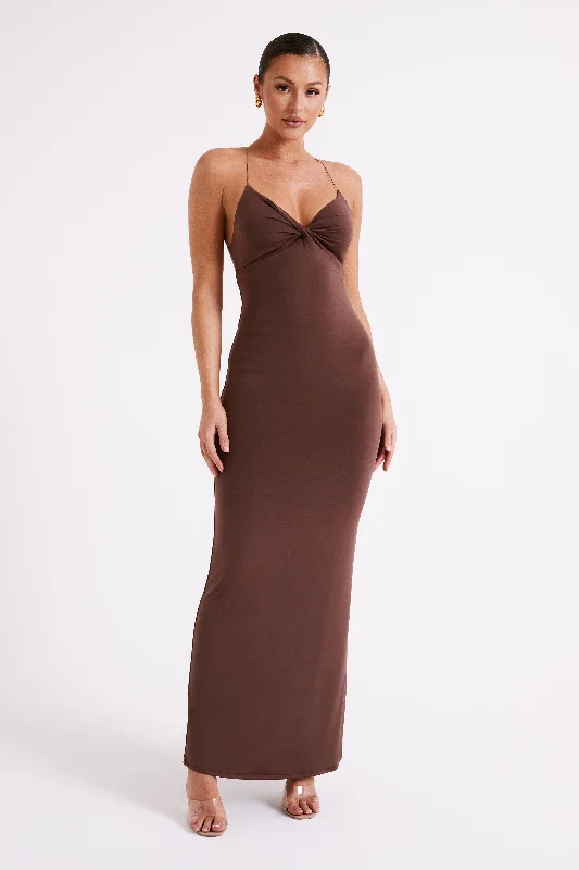 Women’s party dress with sequins and beads -Sinead Twist Maxi Dress - Mocha