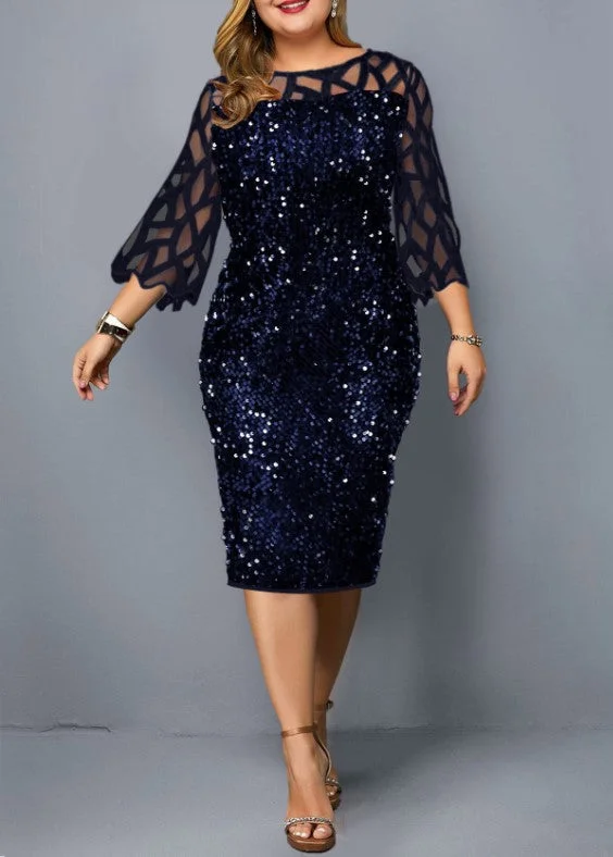 Women’s satin party dress for evening wear -Sleeves Blue Women Dress
