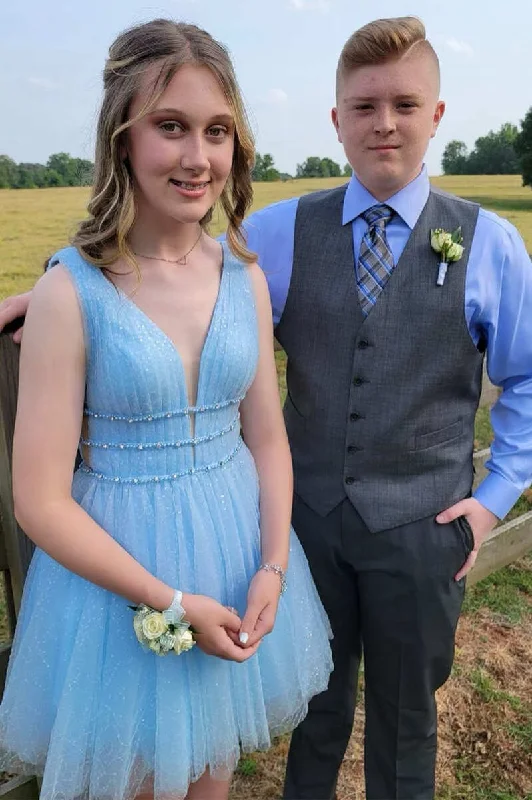 Women’s strapless party dress for an elegant vibe -Sparkled Light Blue V-Neck A-Line Short Homecoming Dress gh1240 Women’s strapless party dress for an elegant vibe -Sparkled Light Blue V-Neck A-Line Short Homecoming Dress gh1240