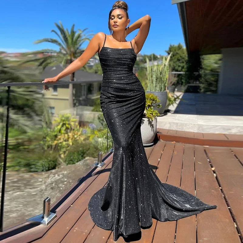Women’s party dress with lace and chiffon fabric -Square Collar Satin Maxi Dress