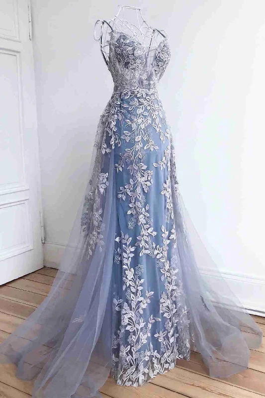 Women’s party dress with empire waist -Stunning Dsuty Blue Tulle Long Formal Dress with Appliques gh2305 Women’s party dress with empire waist -Stunning Dsuty Blue Tulle Long Formal Dress with Appliques gh2305