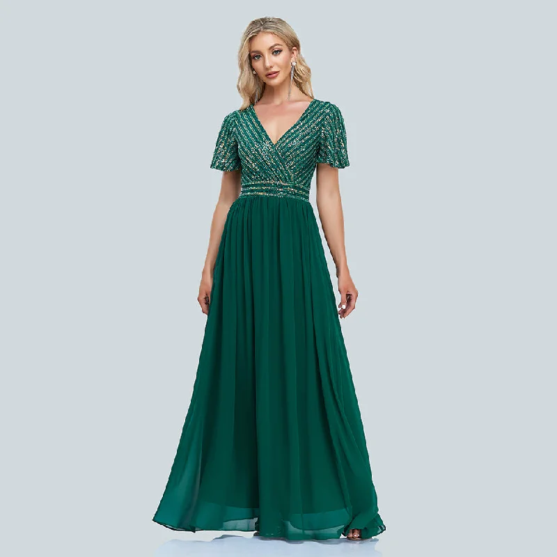 Women’s satin party dress with bow detail -V-Neck Sequins Chiffon Dress