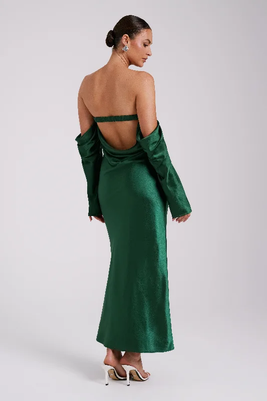 Classic women’s black party dress for any occasion -Vee Off Shoulder Satin Midi Dress - Emerald Classic women’s black party dress for any occasion -Vee Off Shoulder Satin Midi Dress - Emerald