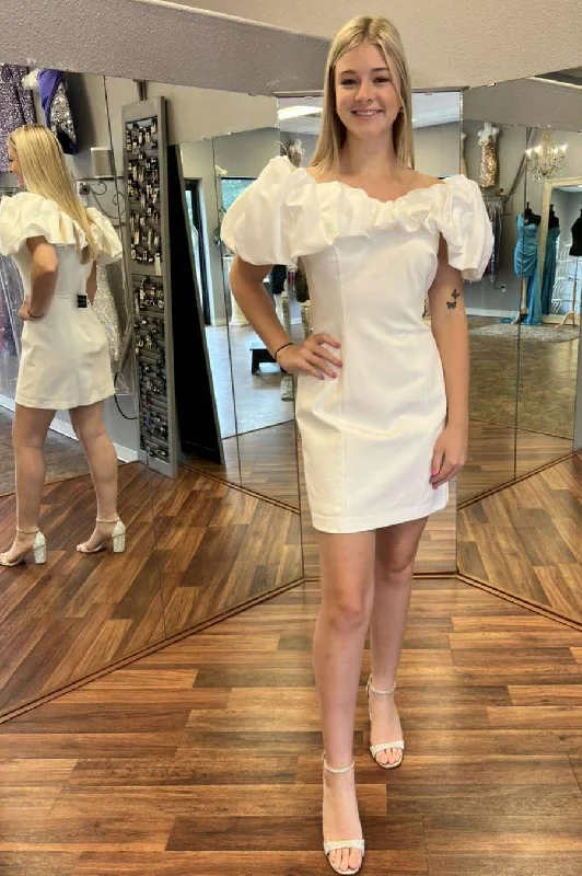 Women’s black dress for elegant parties -White Off-the-Shoulder Ruffled Short Cocktail Dress gh1263 Women’s black dress for elegant parties -White Off-the-Shoulder Ruffled Short Cocktail Dress gh1263