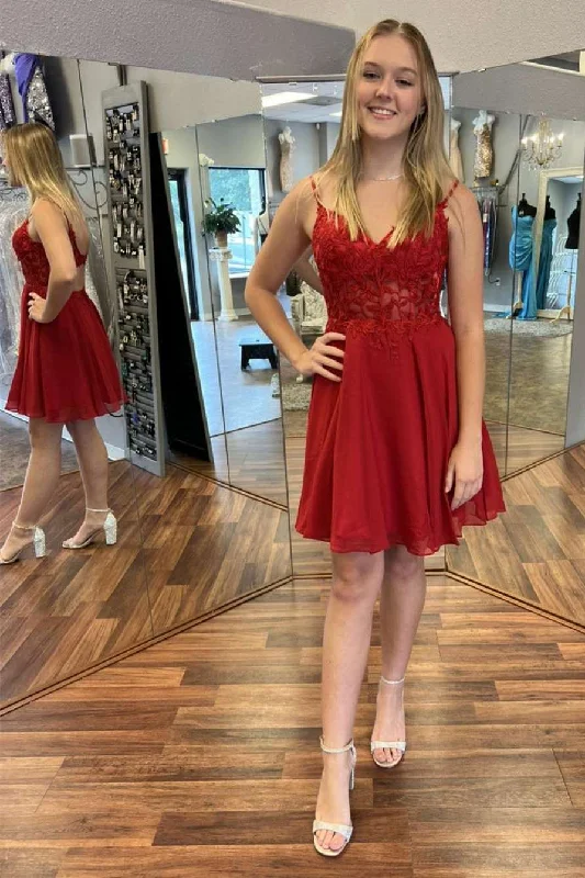 Chic women’s velvet party dress for evening wear -Wine Red Appliques Spaghetti Straps A-Line Short Homecoming Dress gh1267 Chic women’s velvet party dress for evening wear -Wine Red Appliques Spaghetti Straps A-Line Short Homecoming Dress gh1267