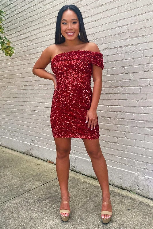 Women’s dress with lace and sequin combo for parties -Wine Red Sequin One-Shoulder Short Homecoming Dress gh1237 Women’s dress with lace and sequin combo for parties -Wine Red Sequin One-Shoulder Short Homecoming Dress gh1237