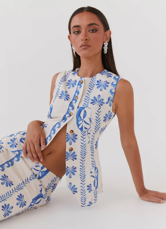 Women’s doll dress with balloon sleeves -Born For Bordeaux Linen Vest - Floral Wave